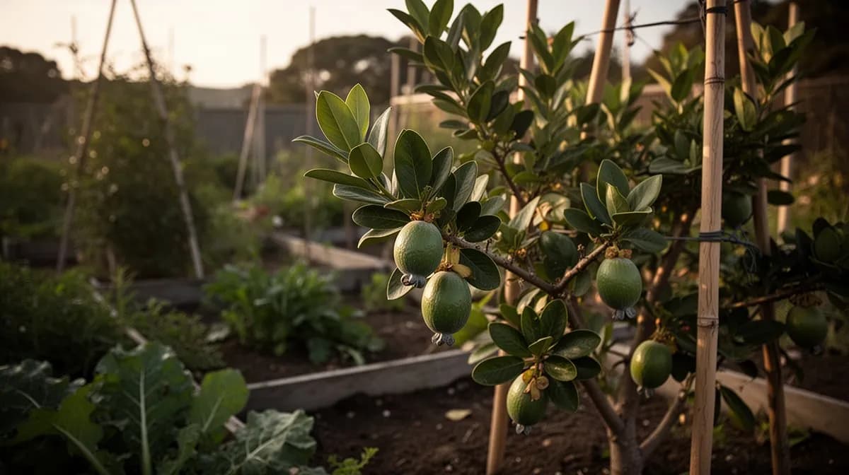 Junger Feijoa-Setzling wird in gut durchlässige Gartenerde gepflanzt