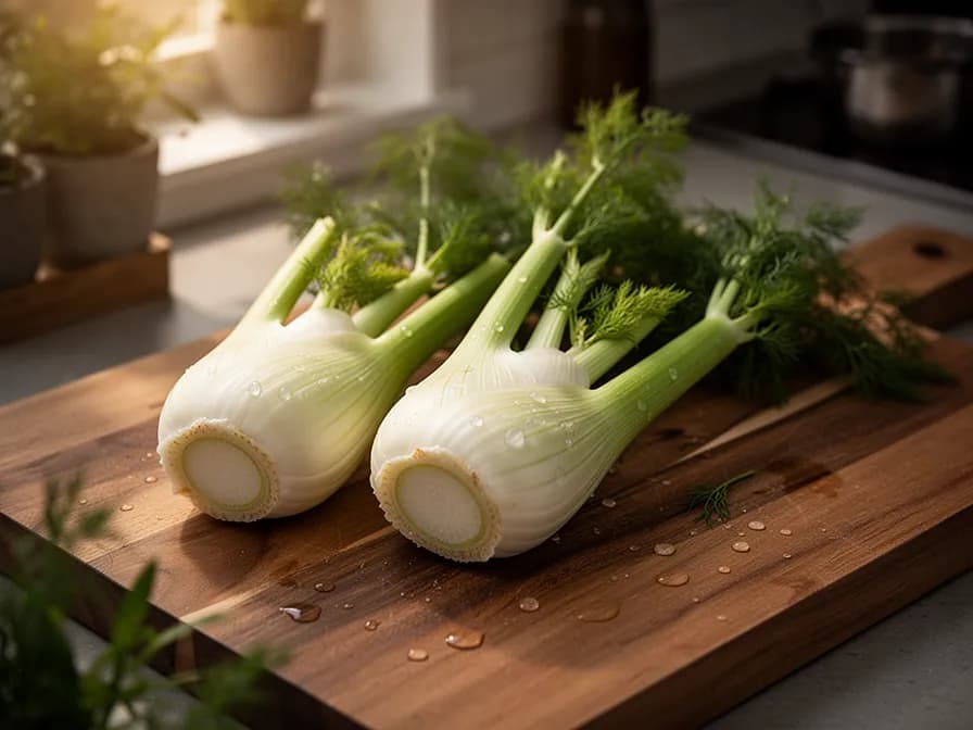 Sliced fennel bulb showing crisp white layers