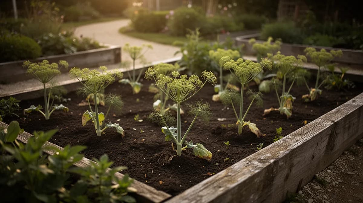 Row of fennel plants growing in a garden bed with feathery foliage