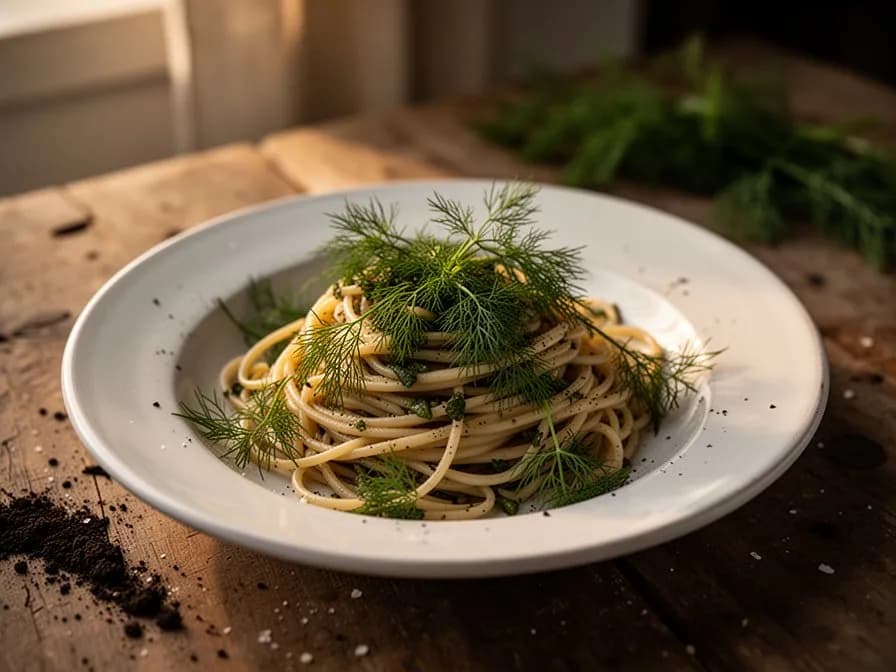 Frische Bronzefenchel-Wedel als federartige Garnitur auf einem Zitrus-Radieschen-Salat