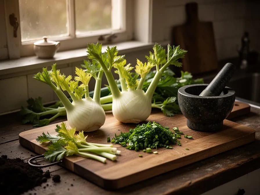 Halbierte Knollenfenchel-Knolle mit geschichtetem weißem Inneren auf einem Holzschneidebrett