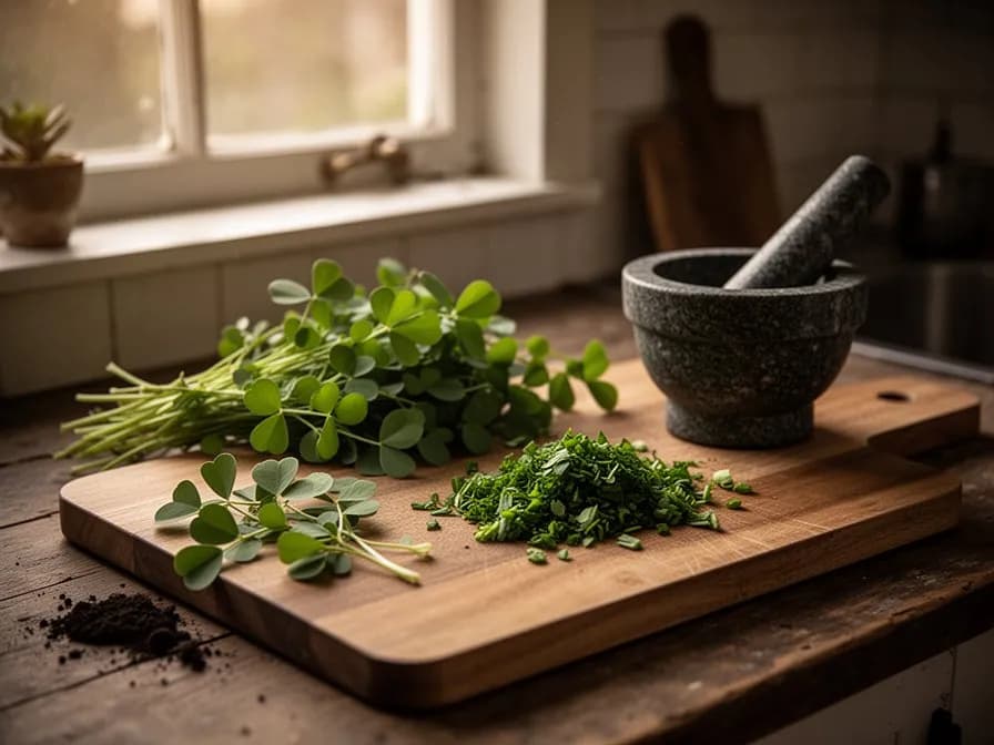 Frische Bockshornkleeblätter werden in einem traditionellen indischen Topf zu einem aromatischen goldenen Curry gegeben