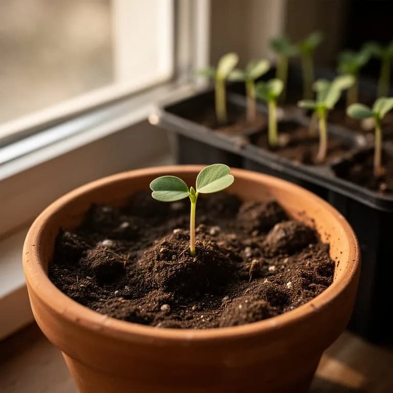 Junge Bockshornklee-Keimlinge mit abgerundeten Keimblättern, die aus warmem Gartenboden hervortreten