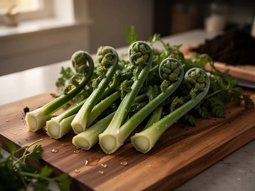 Eng eingerollte, leuchtend grüne Straußfarn-Fiddleheads, die im zeitigen Frühling aus feuchtem Waldboden austreiben