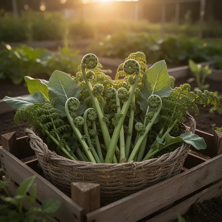 Frisch geerntete Fiddleheads in einem geflochtenen Korb mit sichtbaren papierartigen braunen Schuppen