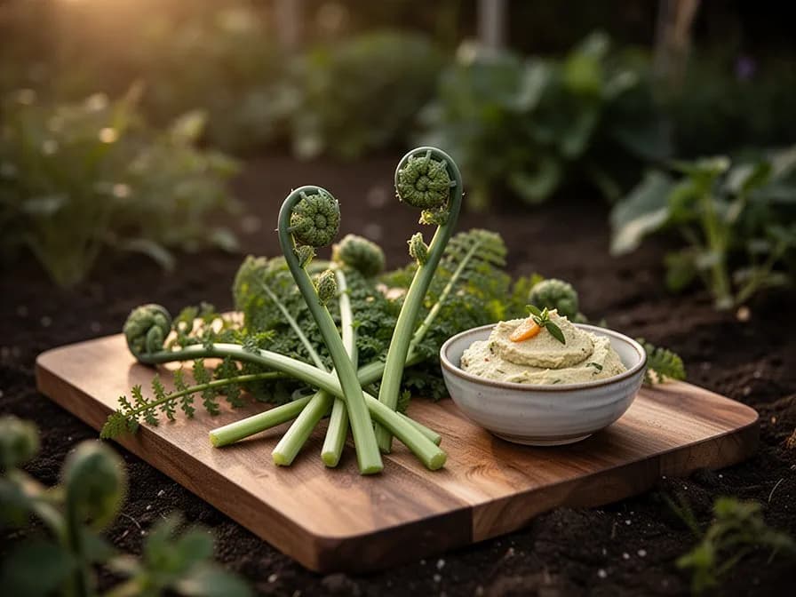In Butter gebratene Fiddleheads mit Knoblauch auf einem weißen Teller serviert