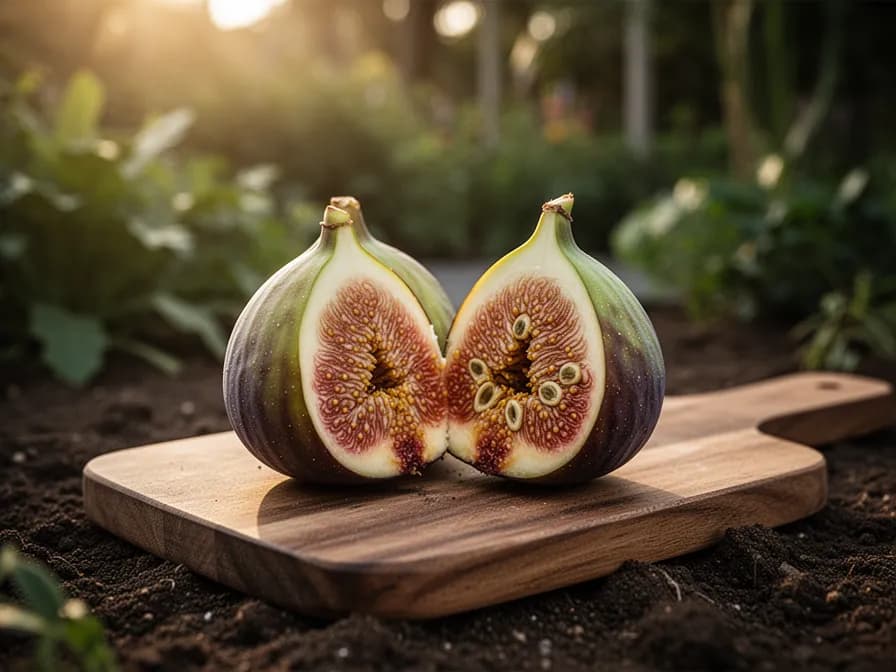 A ripe fig cut in half revealing pink flesh and tiny seeds inside