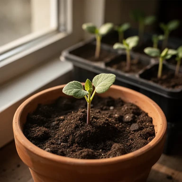 Young fig cutting with newly rooted stem and emerging leaves