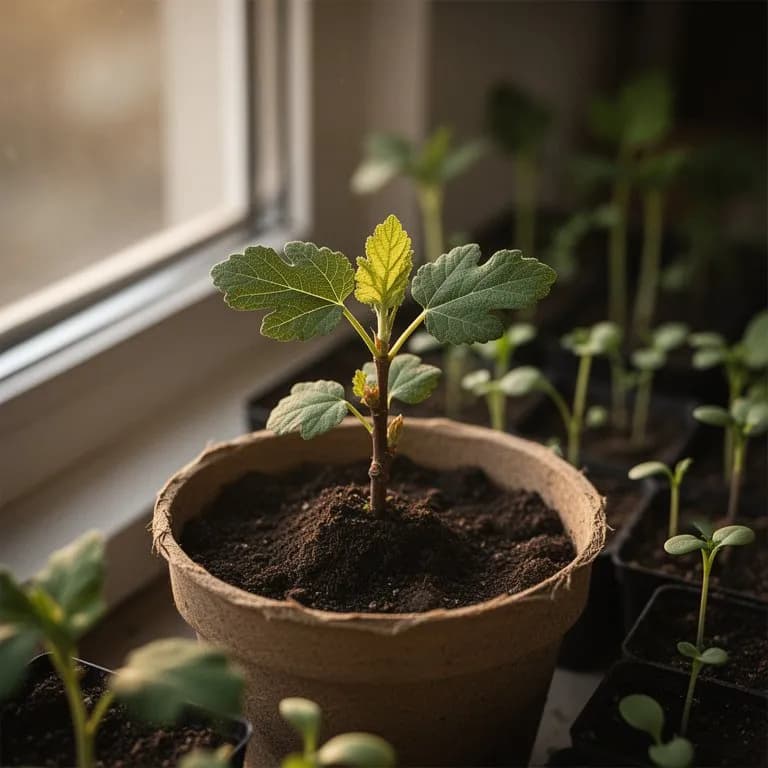 Young fig tree seedling with first true leaves emerging