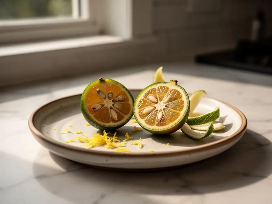 Aufgeschnittene Fingerlimette mit perlenartigen Saftbläschen