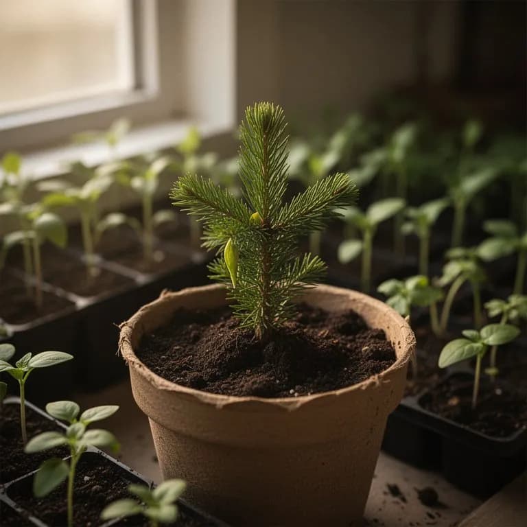 Junger Tannensämling, der aus dem Waldboden wächst