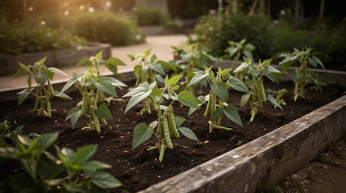 Reihen von Flageolet-Bohnen-Pflanzen in einem gepflegten französischen Potager-Garten
