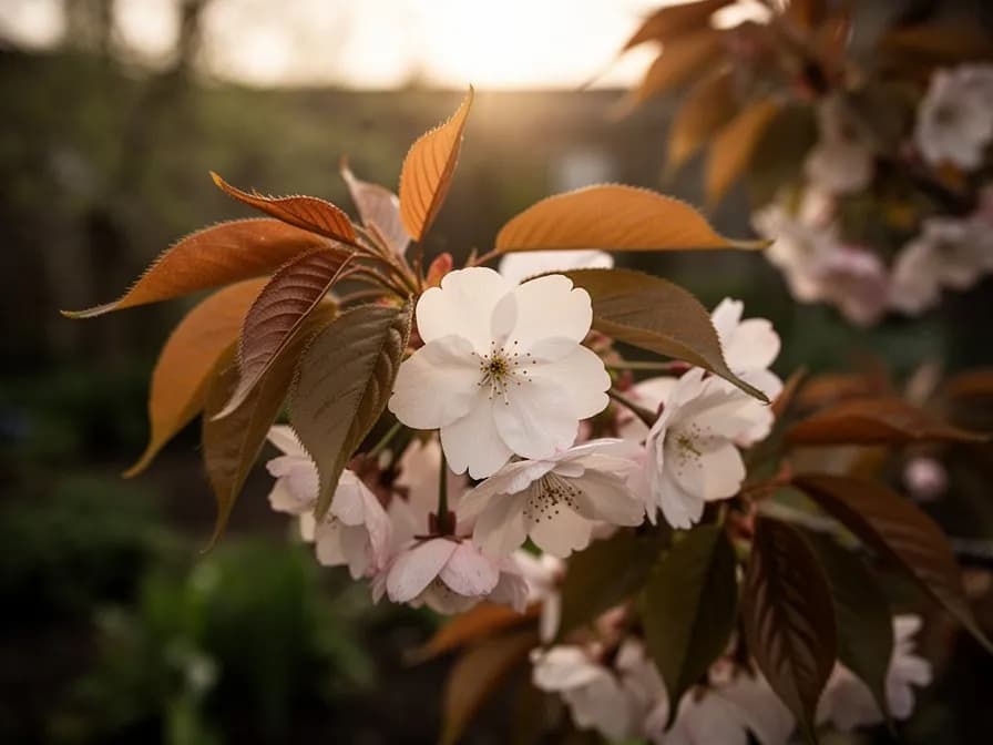 Cerezo ornamental mostrando vibrante follaje otoñal naranja y carmesí