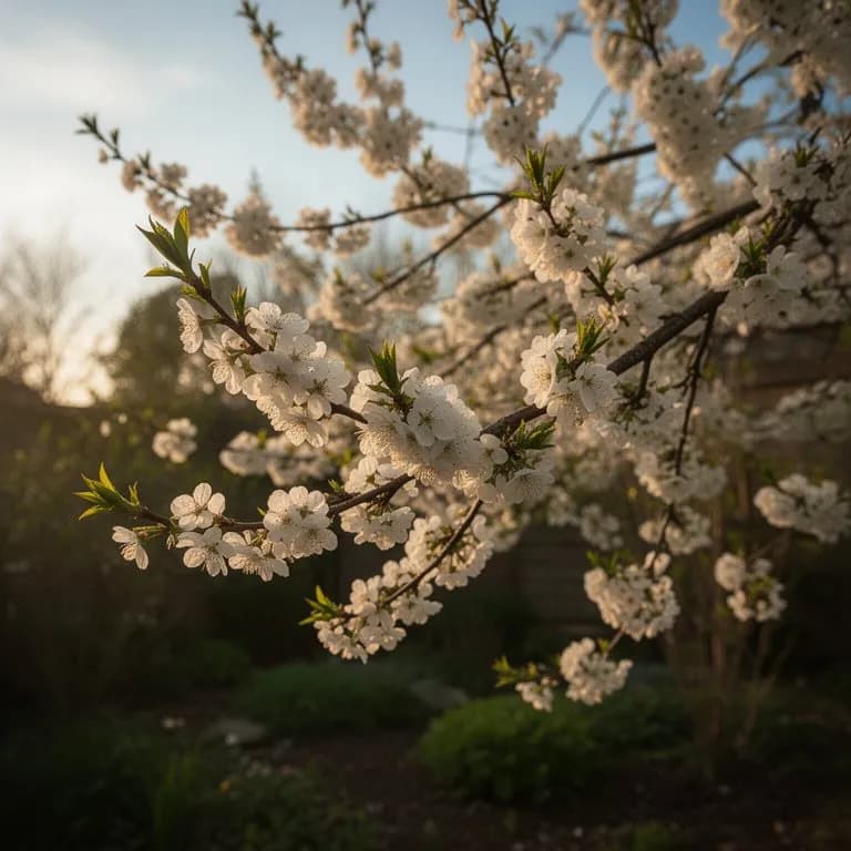 Zierkirschpflaume bedeckt mit rosa Blüten im zeitigen Frühling
