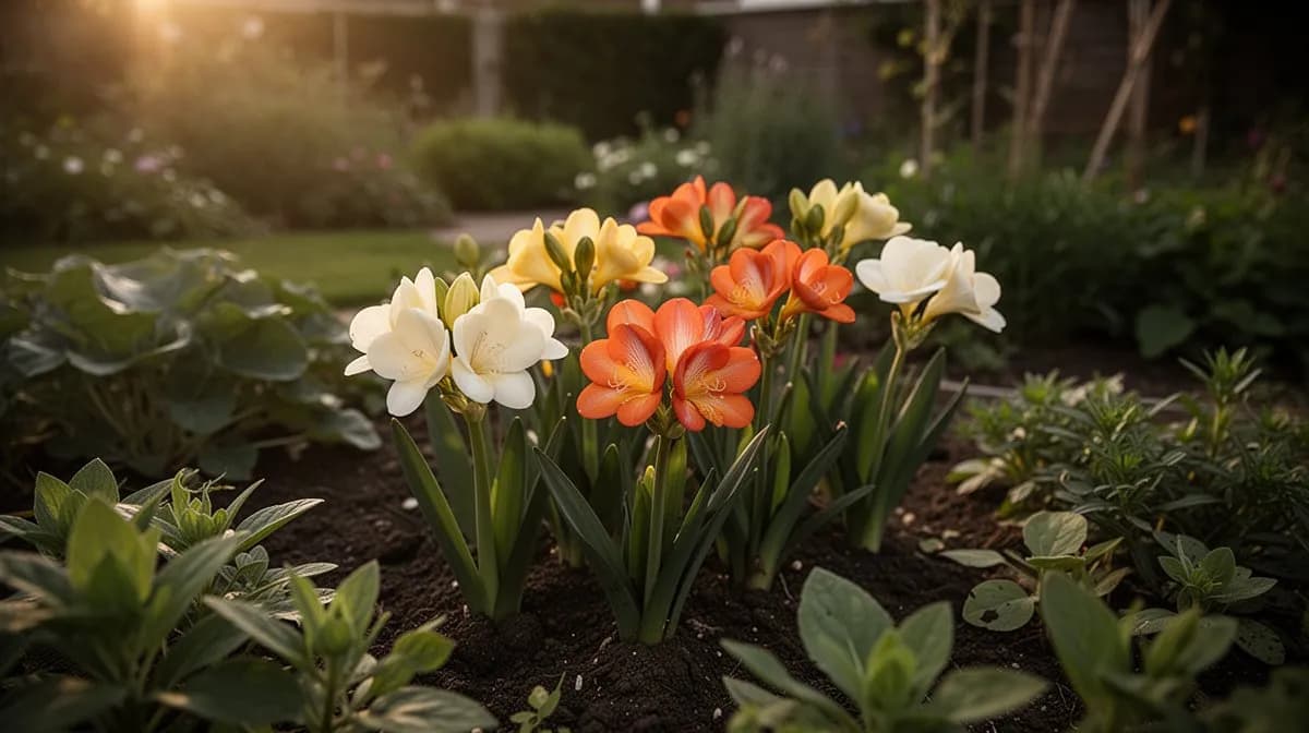 Freesias growing alongside ranunculus and anemones in a mixed flower border