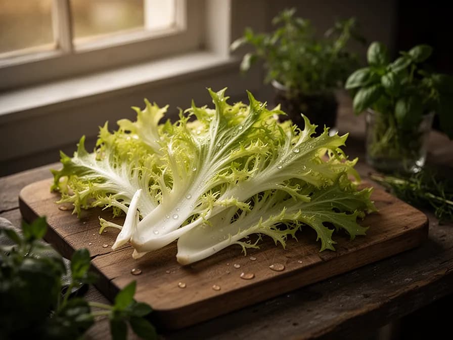 Frisée-Pflanze mit zusammengebundenen äußeren Blättern zum Bleichen des hellen inneren Herzens