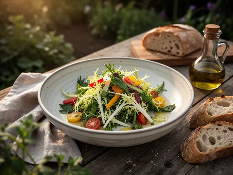 Klassischer Frisée-Salade-Lyonnaise mit pochiertem Ei, warmer Speck-Vinaigrette und Croûtons