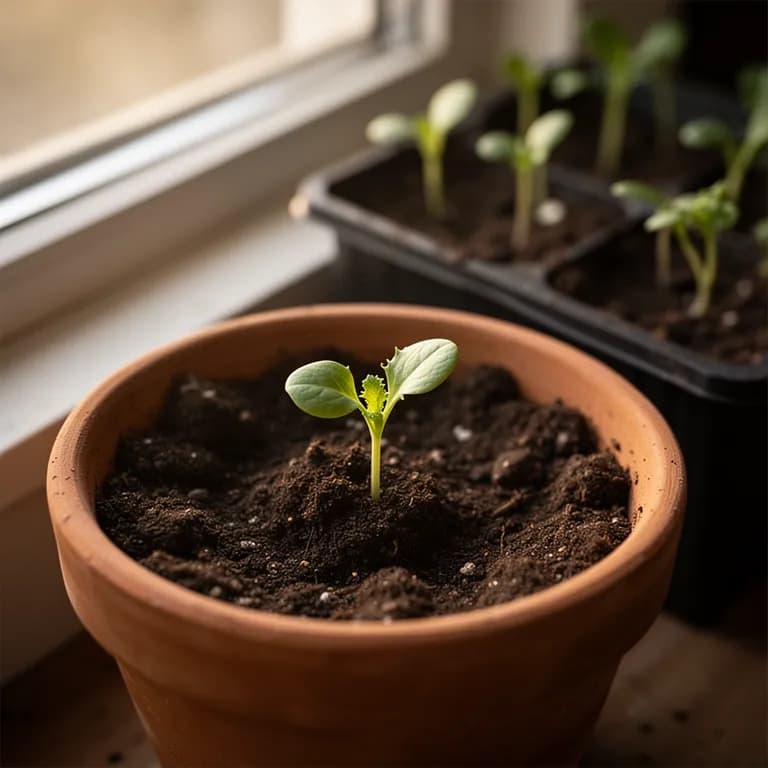 Junger Frisée-Sämling mit kleinen gezahnten Keimblättern, der aus nährstoffreichem Boden hervorkommt