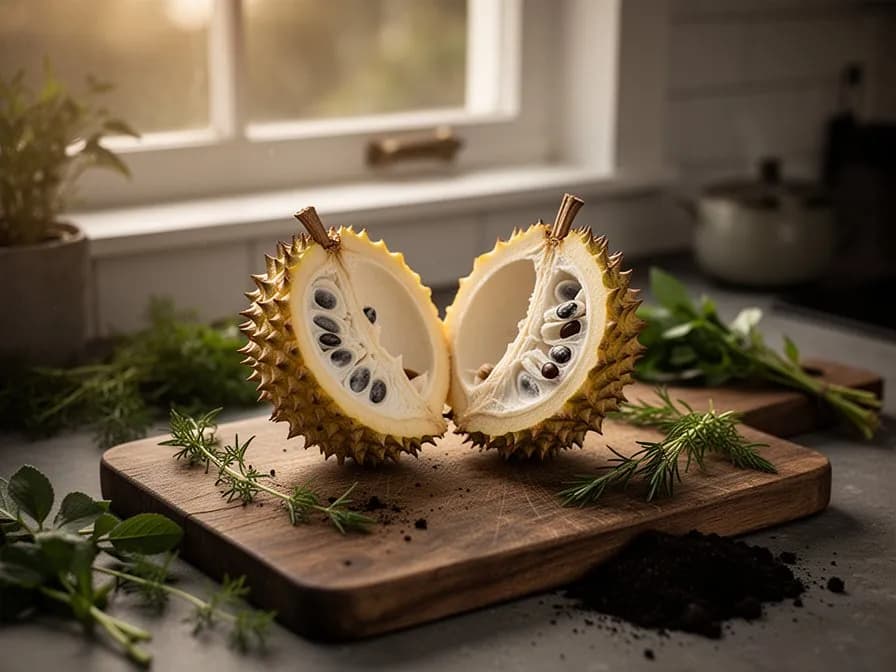 Cut-open gac fruit revealing bright red seed membranes and deep orange flesh inside
