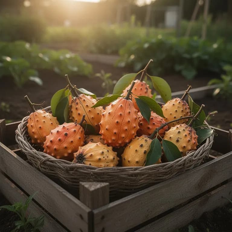 Ripe deep orange-red gac fruit with spiny exterior on the vine