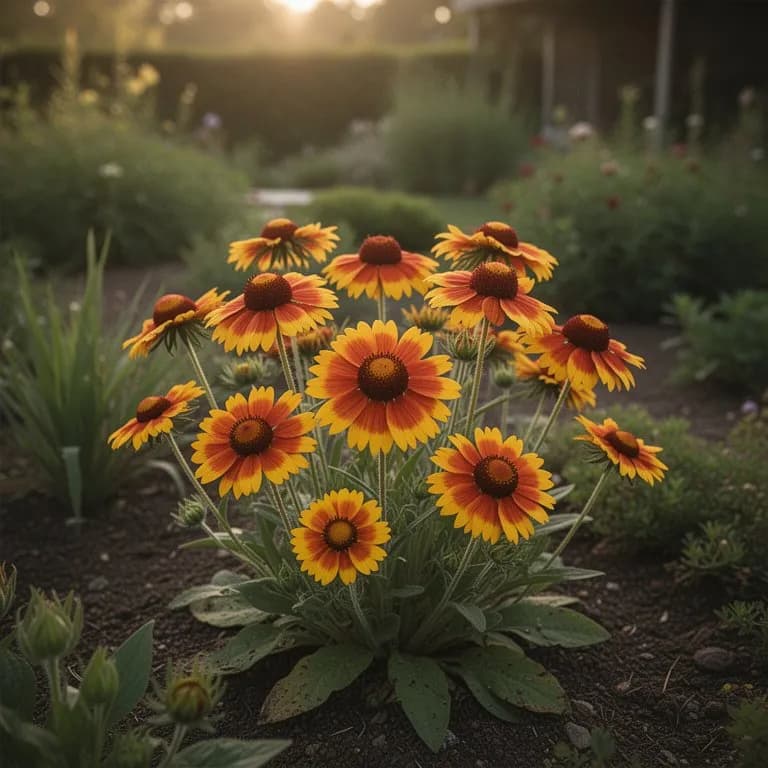 Ruhender Gaillardia-Wurzelhals mit getrockneten Stängeln im Wintergarten