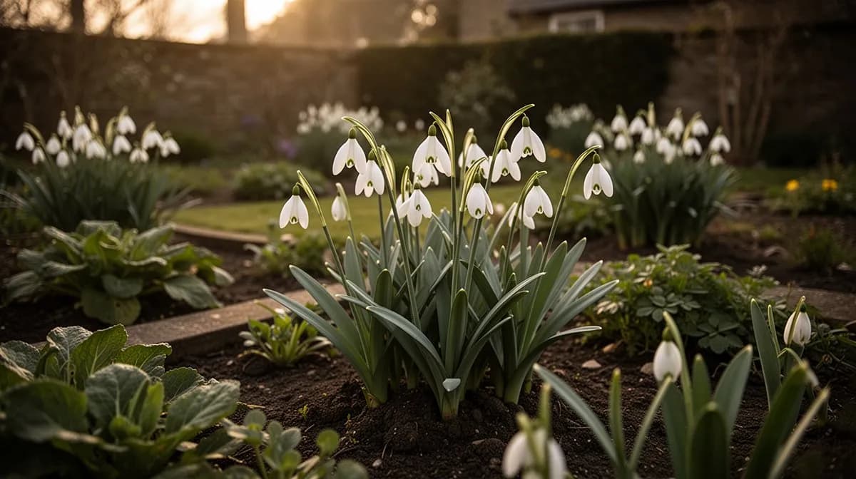 Galanthus-elwesii-Zwiebeln werden im Herbst in Gruppen in gut durchlässigen, humusreichen Boden gepflanzt