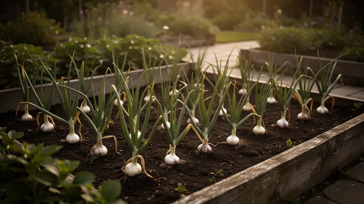 Garlic cloves being planted in fall garden bed