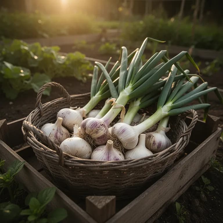 Freshly harvested garlic bulbs with roots and stalks