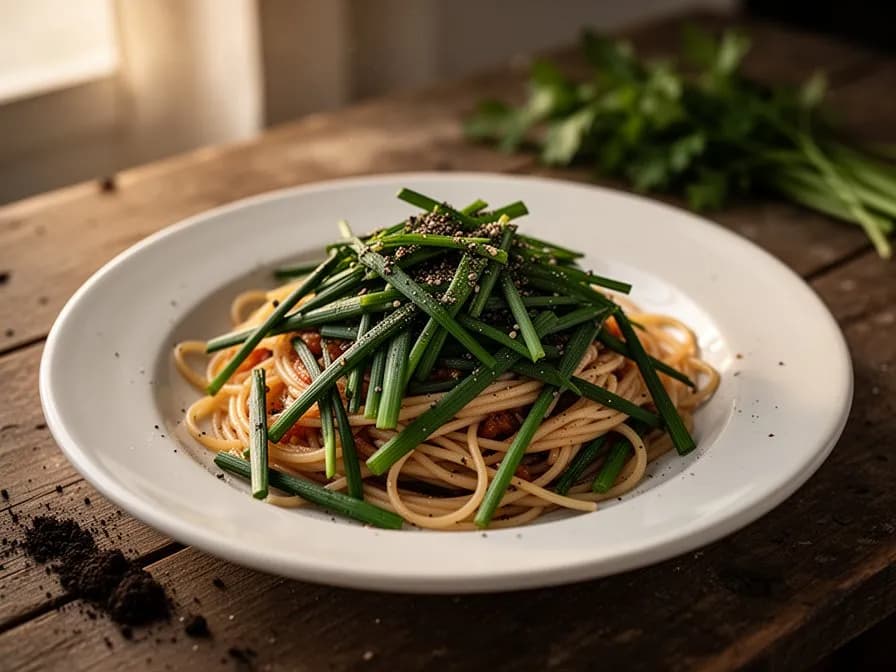 Koreanischer Knoblauchschnittlauch wird in einem heißen Wok mit Sesamöl und Chiliflocken pfannengerührt