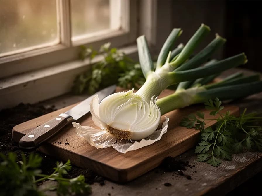 Sliced green garlic showing pale white bulb and green stem cross-sections on a cutting board