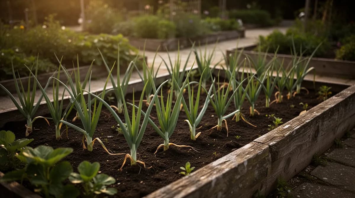 Dense planting of green garlic in a well-mulched garden bed showing multiple stages of growth