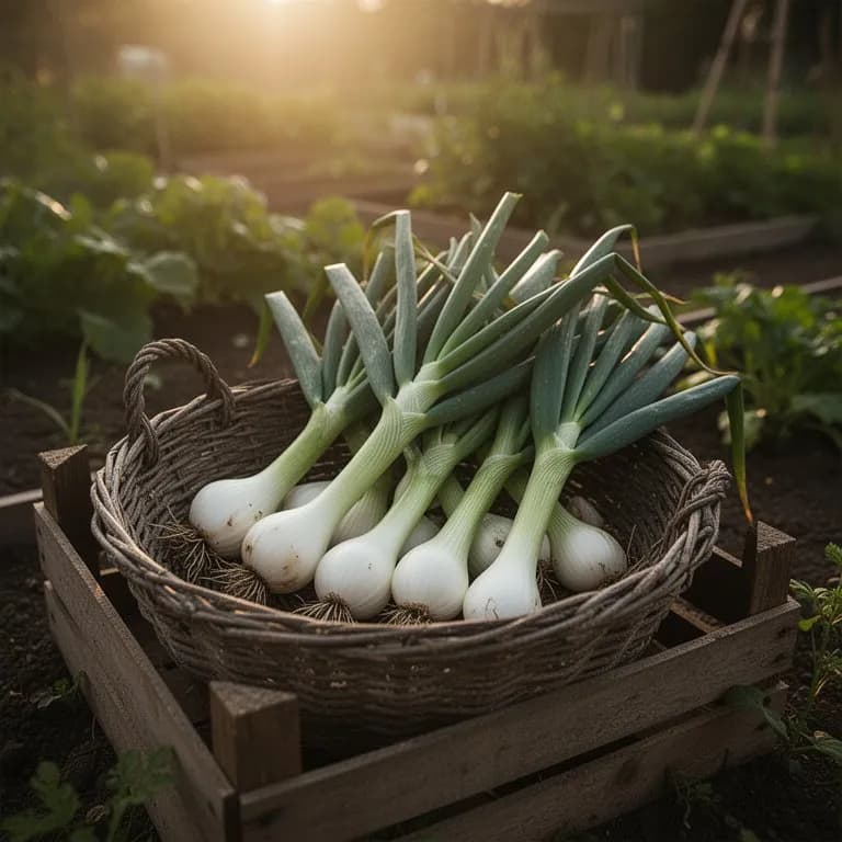 Freshly pulled green garlic stalks with small white bulbs and long green tops on a garden table