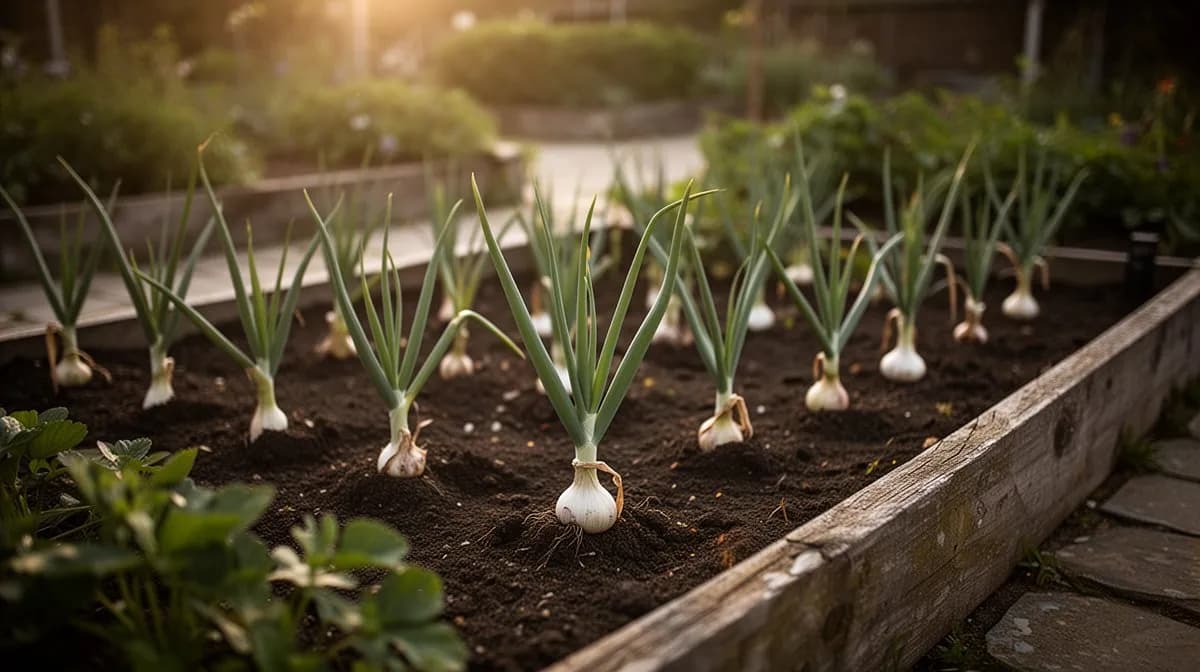 Reihen von Solo-Knoblauchpflanzen in einem gut gemulchten Hochbeet in voller Sonne