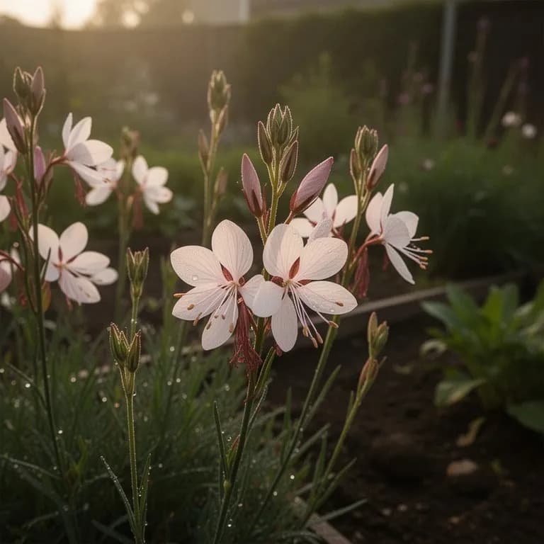 Primer plano de flores de gaura mostrando cuatro petalos en rosa suave con largos estambres