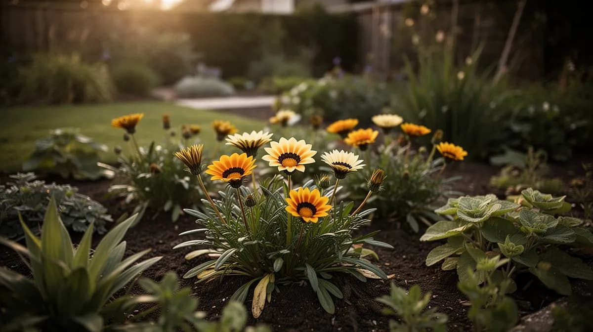 Gazanienblüten in einem Terrakottatopf auf einer sonnigen Terrasse