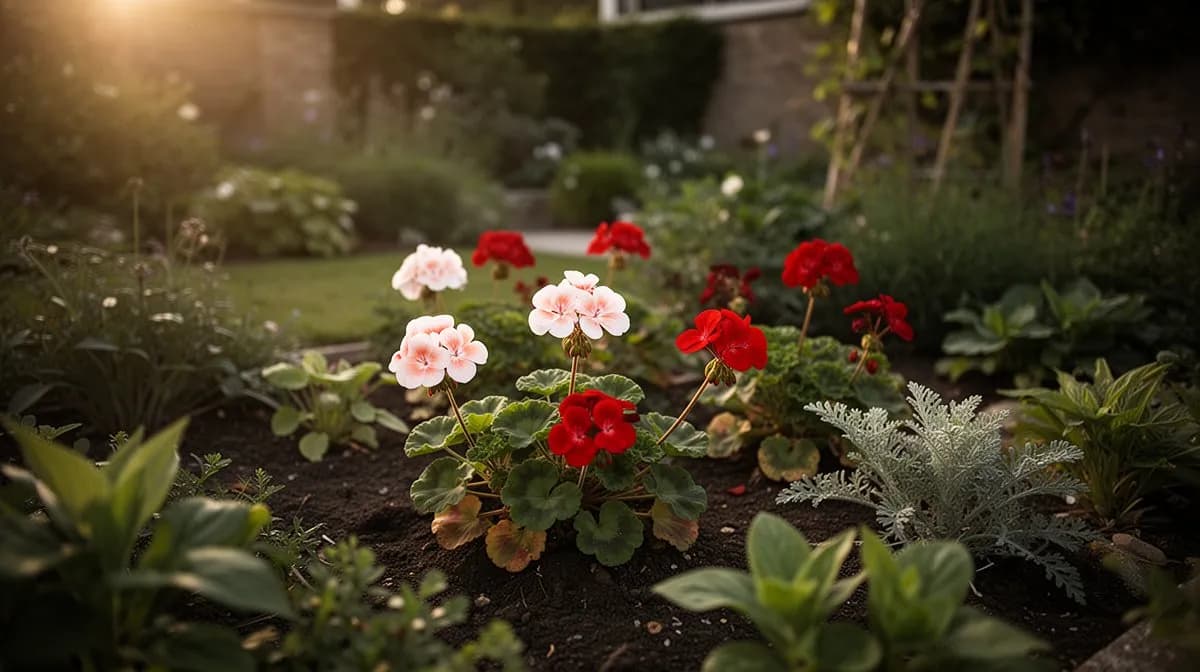 Colorful geraniums thriving in terracotta pots on a sunny balcony