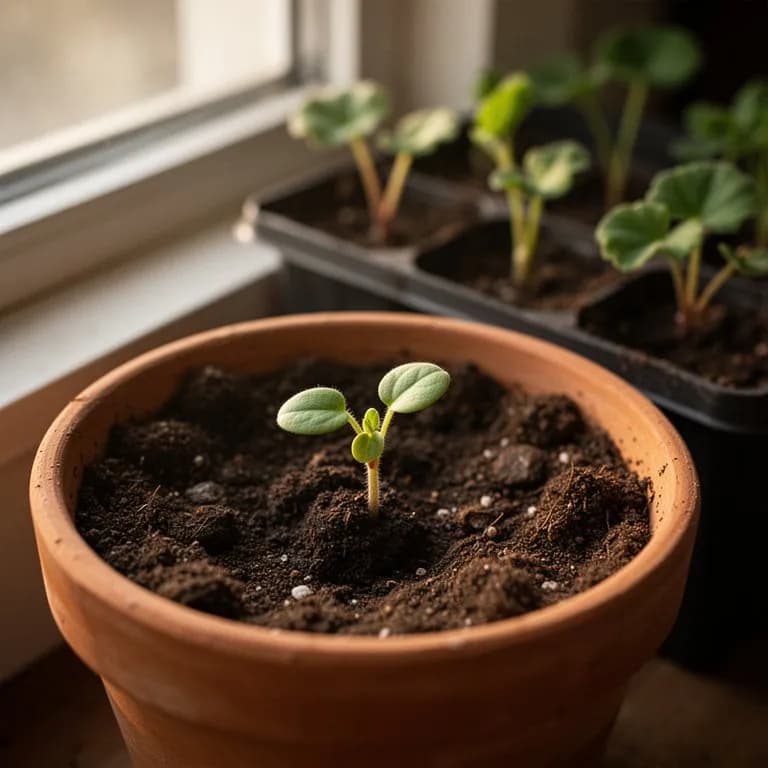 Young geranium seedlings with first true leaves emerging in seed trays