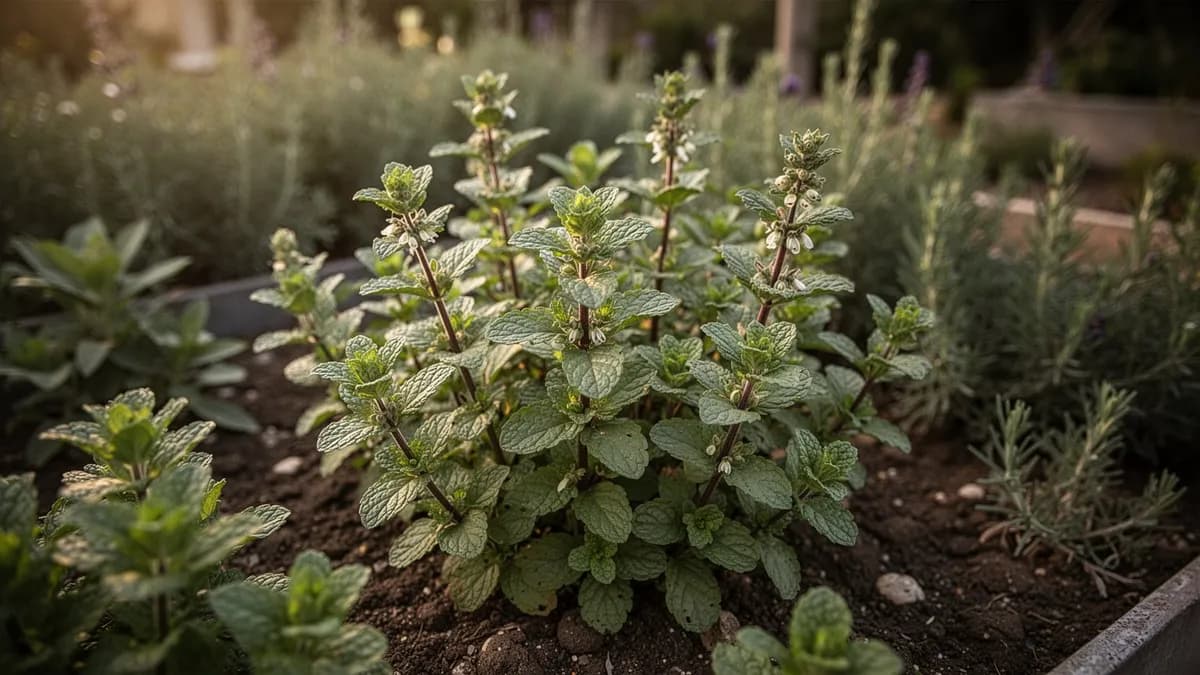 Hojas de geranio de menta usadas como adorno en un plato de postre
