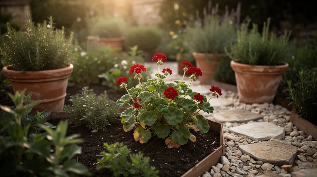 Mature rose geranium bush growing in a sunny herb garden border