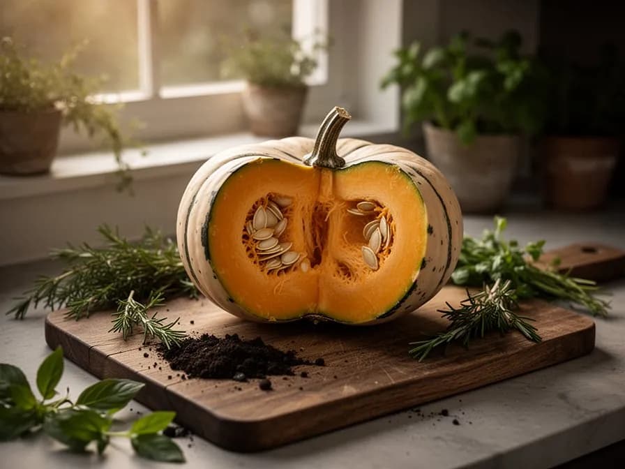 Aufgeschnittener Geisterkürbis mit leuchtend orangem Fruchtfleisch und Samenhöhle