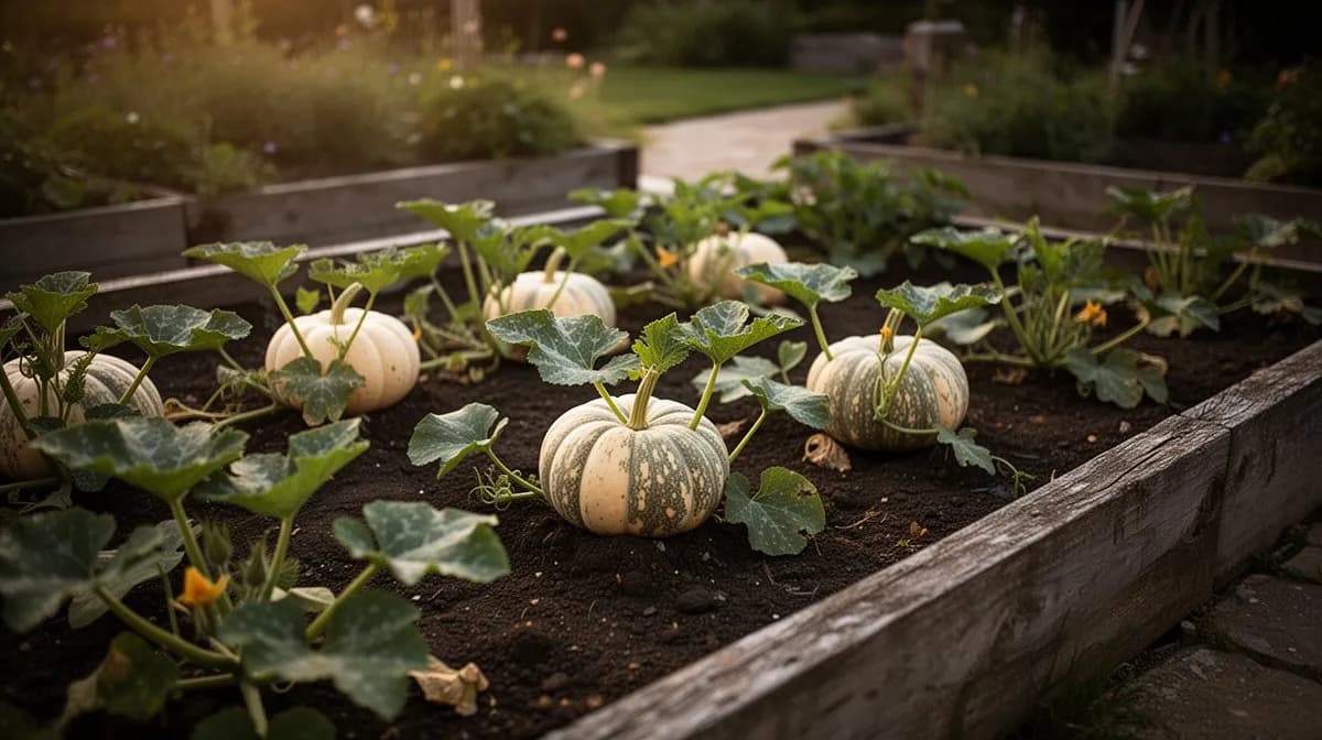 Geisterkürbisse, die in einem sonnigen Garten wachsen, mit weißen Früchten, die zwischen dunkelgrünem Laub sichtbar sind