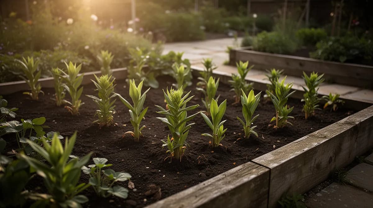 Ginger growing in a wide shallow container on a sunny patio