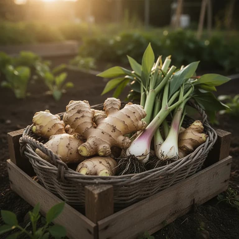Freshly dug ginger rhizomes with soil being brushed away by hand