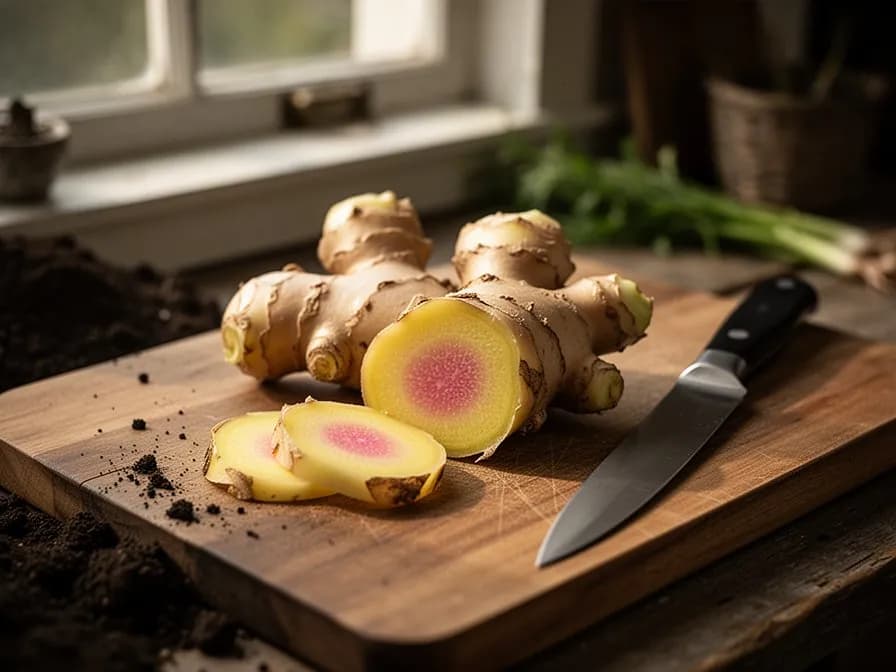 Frische gelbe Ingwerrhizome mit freiliegendem goldenen Fleisch, das das leuchtende Innere zeigt