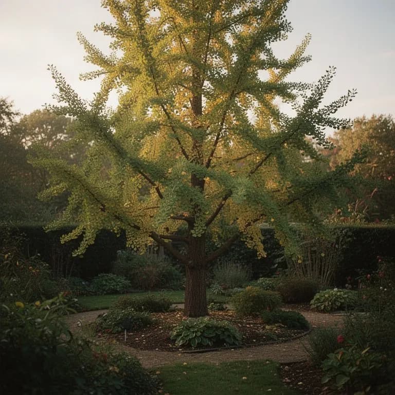 Mature ginkgo biloba tree with a broad canopy in a garden setting