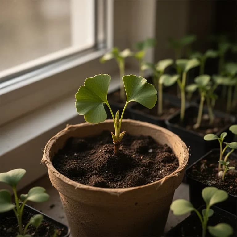 Young ginkgo seedling with distinctive fan-shaped leaves emerging in spring