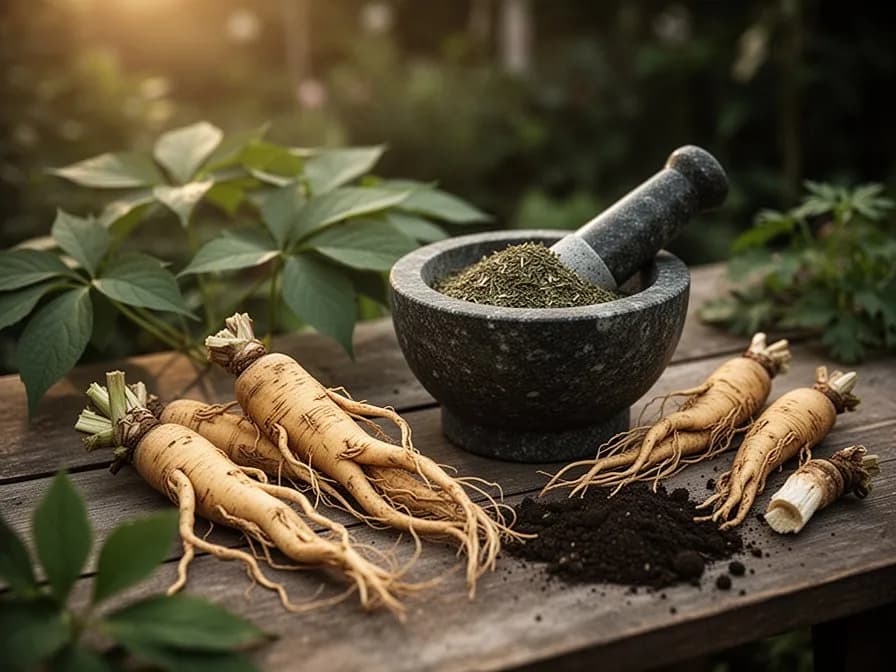 Planta madura de ginseng con múltiples verticilos de hojas palmeadas en un jardín forestal sombreado