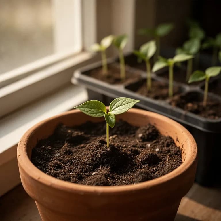 Plántula de ginseng americano de primer año con una única hoja compuesta de tres folíolos en el suelo del bosque