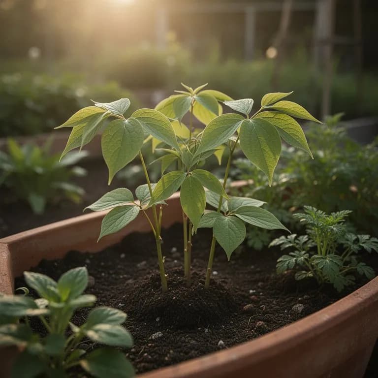 Ausgewachsene amerikanische Ginseng-Pflanze mit vier Quirlen aus fünfblättrigen handförmigen Blättern im gefleckten Waldschatten
