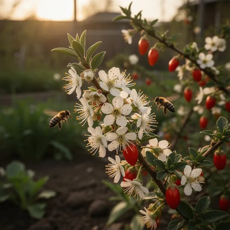 Pequeñas flores moradas de goji sobre tallos verdes